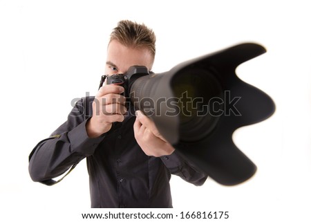 Professional photographer taking shoots with a telephoto lens