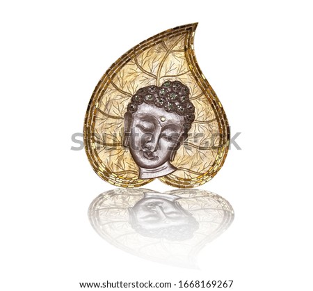 buddha wooden carving. Head of the Buddha History isolated on White Background.
