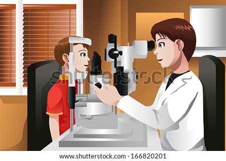 A vector illustration of boy having his eyes checked at the doctor office