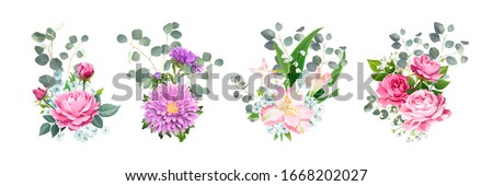 Set of vector bouquets. Blooming flowers of pink Roses, Alstroemeria, light-blue Phloxes, violet Aster and tender Gypsophila among of Eucalyptus leaves isolated on a white background. Wedding Design Royalty-Free Stock Photo #1668202027
