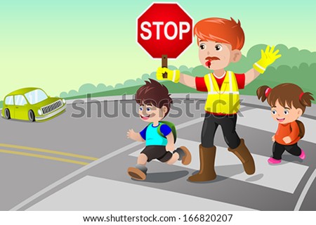 A vector illustration of flagger and kids crossing the street