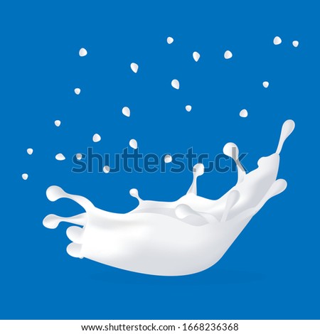  realistic milk or yogurt splashes, flowing cream, abstract white blots, milky swirls isolated on blue background. Clipart for package design of natural, organic dairy products