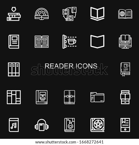Editable 22 reader icons for web and mobile. Set of reader included icons line Books, Book, Scan, Scanner, Ereader, Audiobook, Ebook on black background