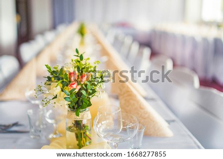 Wedding barn decoration.  Love concept. Wedding table flowers bouquet