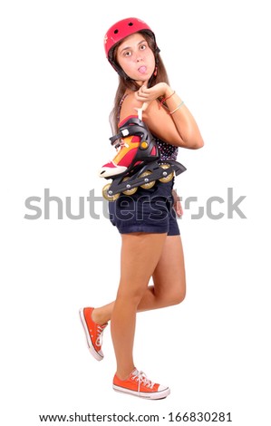 teenage girl with roller skates isolated in white