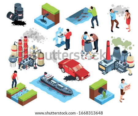 Isometric environmental pollution water ecology set with isolated icons images of waste bins plants and people vector illustration