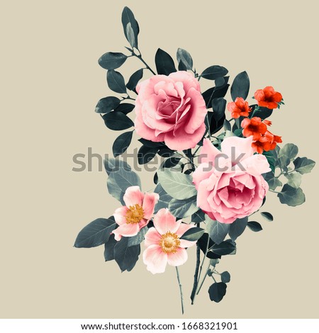 Bouquet of flowers and leaves with roses, anemones and bignonia. Neutral colour background