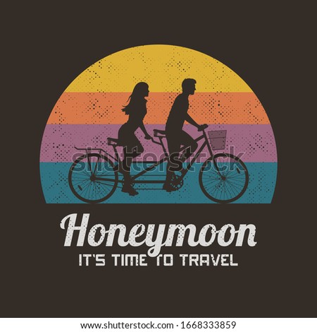 Couple on bike tandem. Road trip. Cyclist on bicycle. Retro background