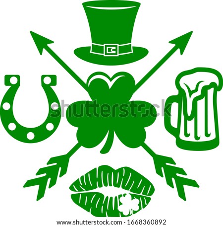 Hand drawn crossed arrows with Patricks day symbols for st. Patrick's day. Funny Patrick's day theme design. 