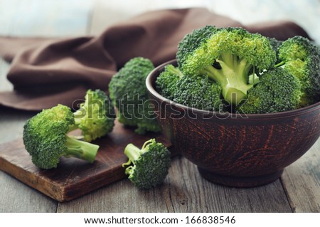 Bunch of fresh green broccoli on brown plate over wooden background Royalty-Free Stock Photo #166838546