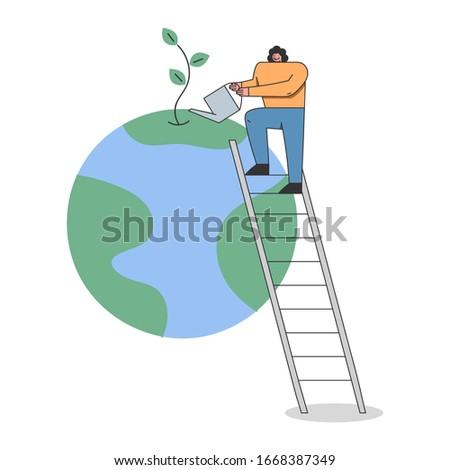 Concept Of Celebration Earth Day Environment protection. Woman Is Watering Planet By Can Standing On Ladder. Cartoon Linear Outline Flat Vector Illustration