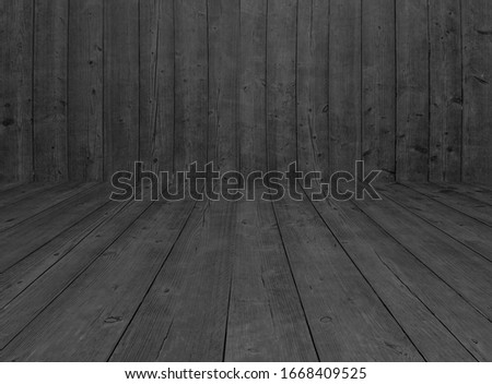 empty interior room - black wall wooden planks in front view - floor perspective - wood texture for rustic background