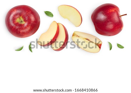 Red apple with half isolated on white background with clipping path and full depth of field. Top view. Flat lay with copy space for your text
