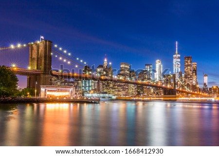 View of Brooklyn Bridge and Lower Manhattan at blue hour from Brooklyn | New York City, NY, USA