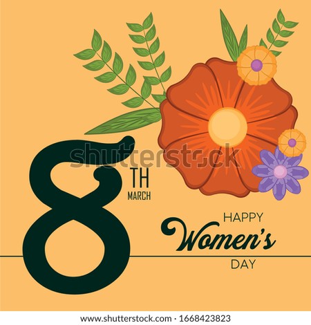 Happy womens day card with a number eight and flowers bouquet - Vector