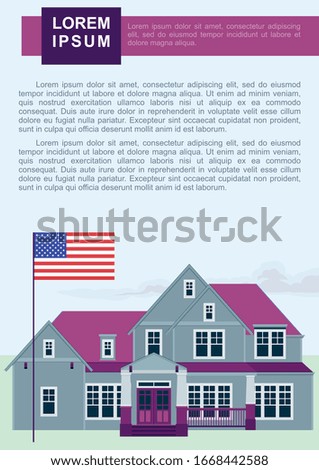 Luxury American house with the US flag. Country house of the American dream. For sale house. Buying a new home. Real estate or modern housing. Bright vector illustration.