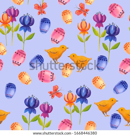 Easter eggs, flowers, chickens and butterflies seamless pattern