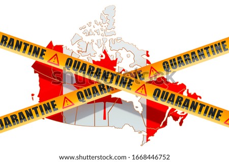 Quarantine in Canada concept. Canadian map with caution barrier tapes, 3D rendering isolated on white background
