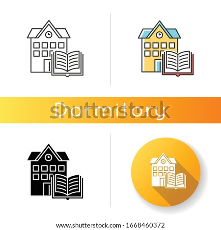 Public library icon. Educational establishment. College education. Book storage. Campus building. Linear black and RGB color styles. Linear, black and RGB color styles. Isolated vector illustrations
