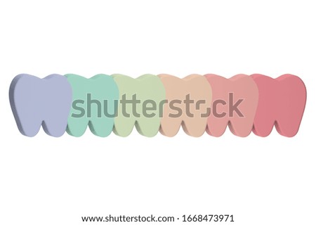 A row of teeth of multi colors or rainbow - dental cartoon 3d render flat style cute character for design