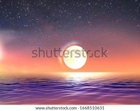starry sky, full moon stars sunset at sea blue,gold  colorful summer night seascape  night light reflection  on ocean  water 