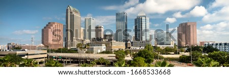 Downtown city panormic skyline view of Tampa Florida USA looking over the freeway and the Riverwalk