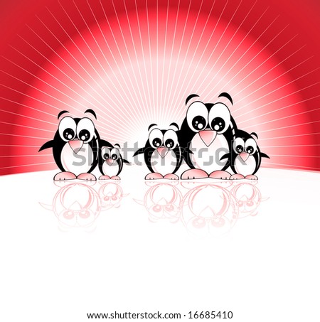 penguin family at sunset