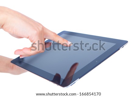 woman hands holding and point on modern electronic digital frame