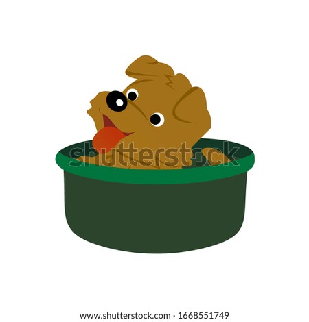 Illustration of a Brown Dog Sticks Out its Tongue in a Green Bucket, Cute Funny Character, Flat Design