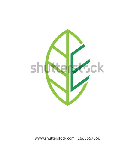 Leaf letter E logo design. Simple line art style. Green Plant Logotype suitable for environmental, nature ecology, friendly product, industry, nutrition, farm and agricultural, healthy food, etc.