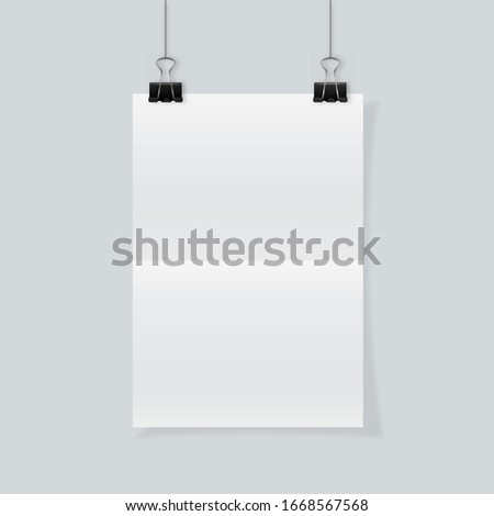 Paper poster. White blank sheet folded in two hanging on wall. Poster template isolated on transparent background. Vector clean mockup