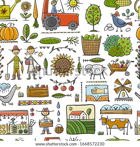Organic Farm Seamless Pattern Background For your Design. Harvest Festival. Agriculture collection. Organic farming eco concept. Fresh products, locally grown and organic food. Farmer's Market. Vector