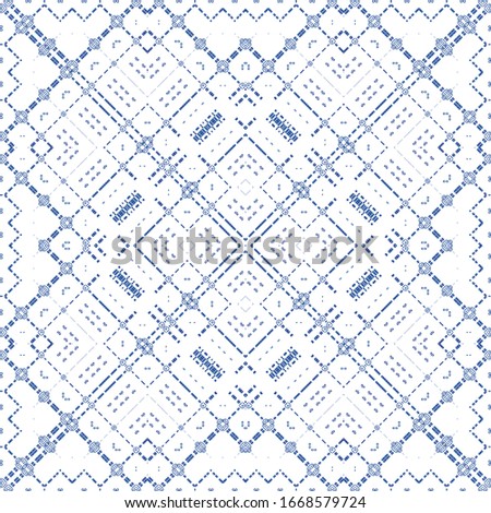 Antique portuguese azulejo ceramic. Graphic design. Vector seamless pattern trellis. Blue floral and abstract decor for scrapbooking, smartphone cases, T-shirts, bags or linens.