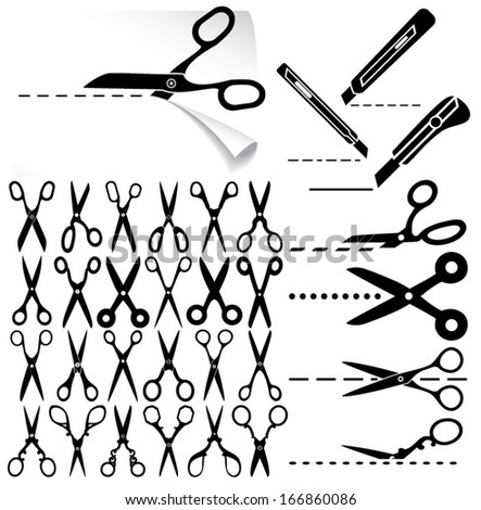 Set of modern and decorative old scissors icons, box cutter knife, dashed lines. Cut here. Vector illustration.