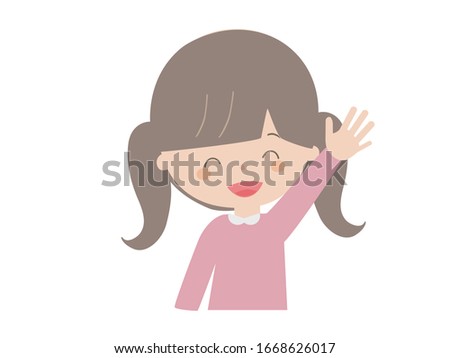 A cute illustration of a girl raising her hand with a smile.
