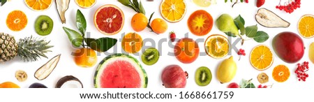 collage of various fresh fruits isolated on white background, top view, flat lay, banner. Composition of food, concept of healthy eating. Food texture. Royalty-Free Stock Photo #1668661759