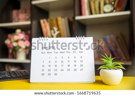 Planner and Calendar Concept.Desktop Calendar 2020 and vase of cactus placed on office desk in library.