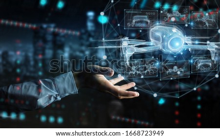 Businessman on dark background holding and touching holographic drone projection in his fingers 3D rendering