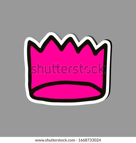 Crown logo icon. Pink icon isolated on grey background. Doodle vector illustration. Queen royal princess symbol. Promotional items for girls, womens. Cartoon style.