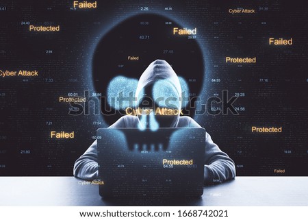 Hacker using laptop with abstract skull shape. Hacking and attack concept. Multiexposure
