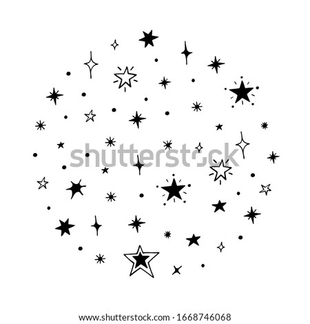 Vector collection of night sky elements. For the design of surfaces, prints, wrapping paper, cards, posters, banners, printing. Theme space, Cosmonautics Day, astronomy, stars. Celestial set
