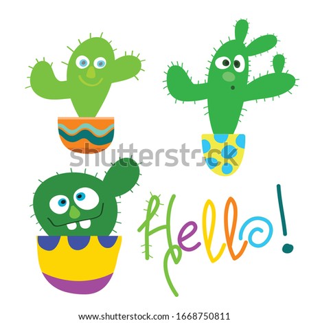 Funny green cartoon cactus characters set for kids, vector