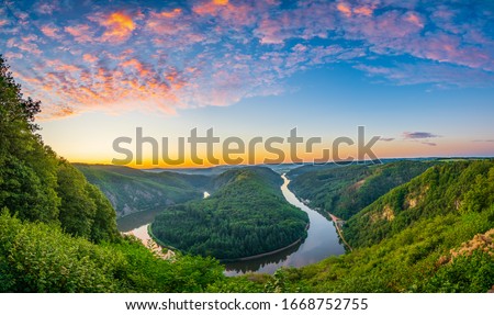 Sunset view of Saar river valley near Mettlach. South. Germany  Royalty-Free Stock Photo #1668752755