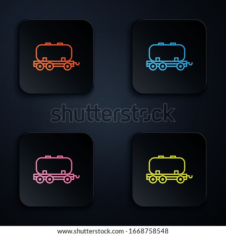 Color neon line Oil railway cistern icon isolated on black background. Train oil tank on railway car. Rail freight. Oil industry. Set icons in square buttons. Vector Illustration