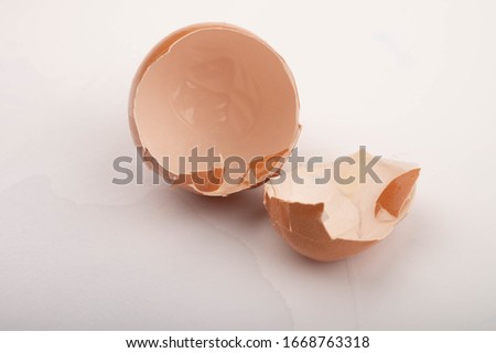 Shell of a broken chicken egg on a white background. Close up.