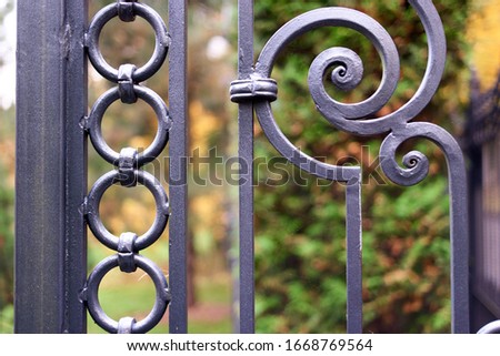 Part of decorative metal fence. Blurred park trees on background.