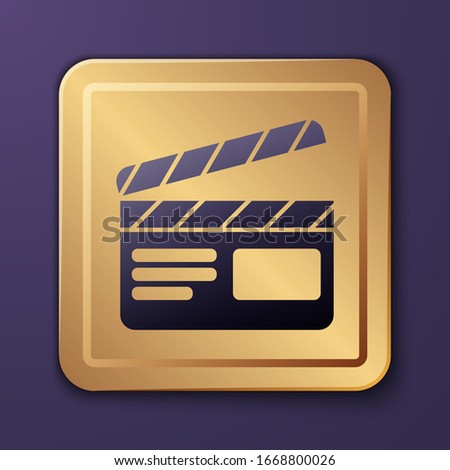 Purple Movie clapper icon isolated on purple background. Film clapper board. Clapperboard sign. Cinema production or media industry. Gold square button. Vector Illustration