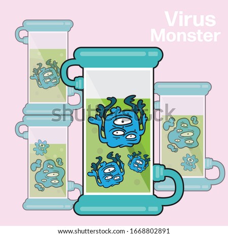 Virus in test tube cartoon character design in line art concept vector illustration,blue monster and friend and big eye in green water,Disease covid 19.
