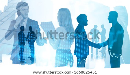 Business people working together in abstract city with double exposure of blurry financial chart. Concept of teamwork and stock market. Toned image