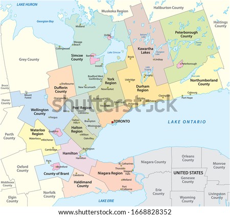 Map of the Golden Horseshoe metropolitan area around the western end of Lake Ontario, Ontario, Canada Royalty-Free Stock Photo #1668828352
